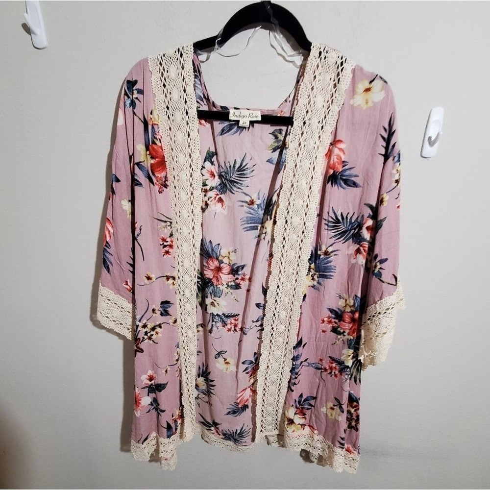 Indigo Rose Tropical Floral Crocheted lace Trim kimono wrap‎ plus 2x